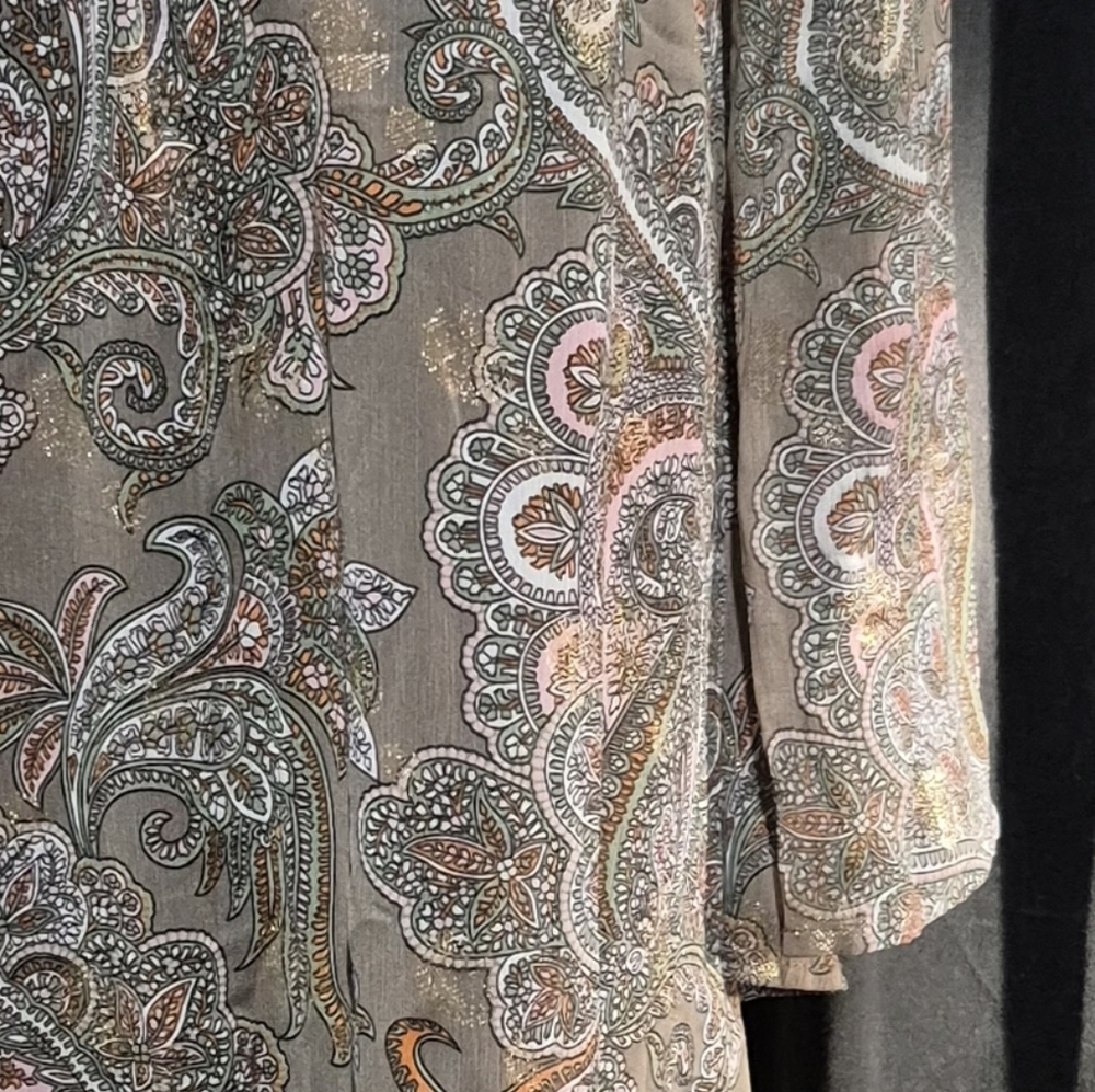 Boho Chiffon Women Sz M Metallic Gold Taupe Paisley - Picture 5 of 5